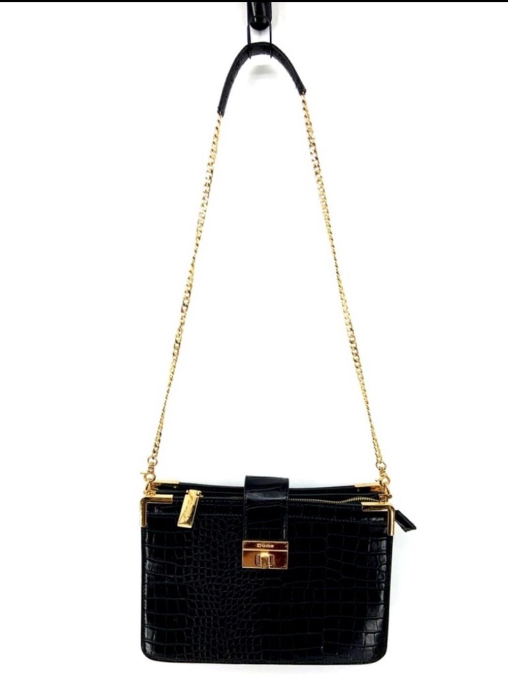 Dune London Black Croc-Embossed Crossbody with Gold Chain